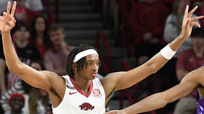 Razorbacks' Chandler Lawson on defense against Furman
